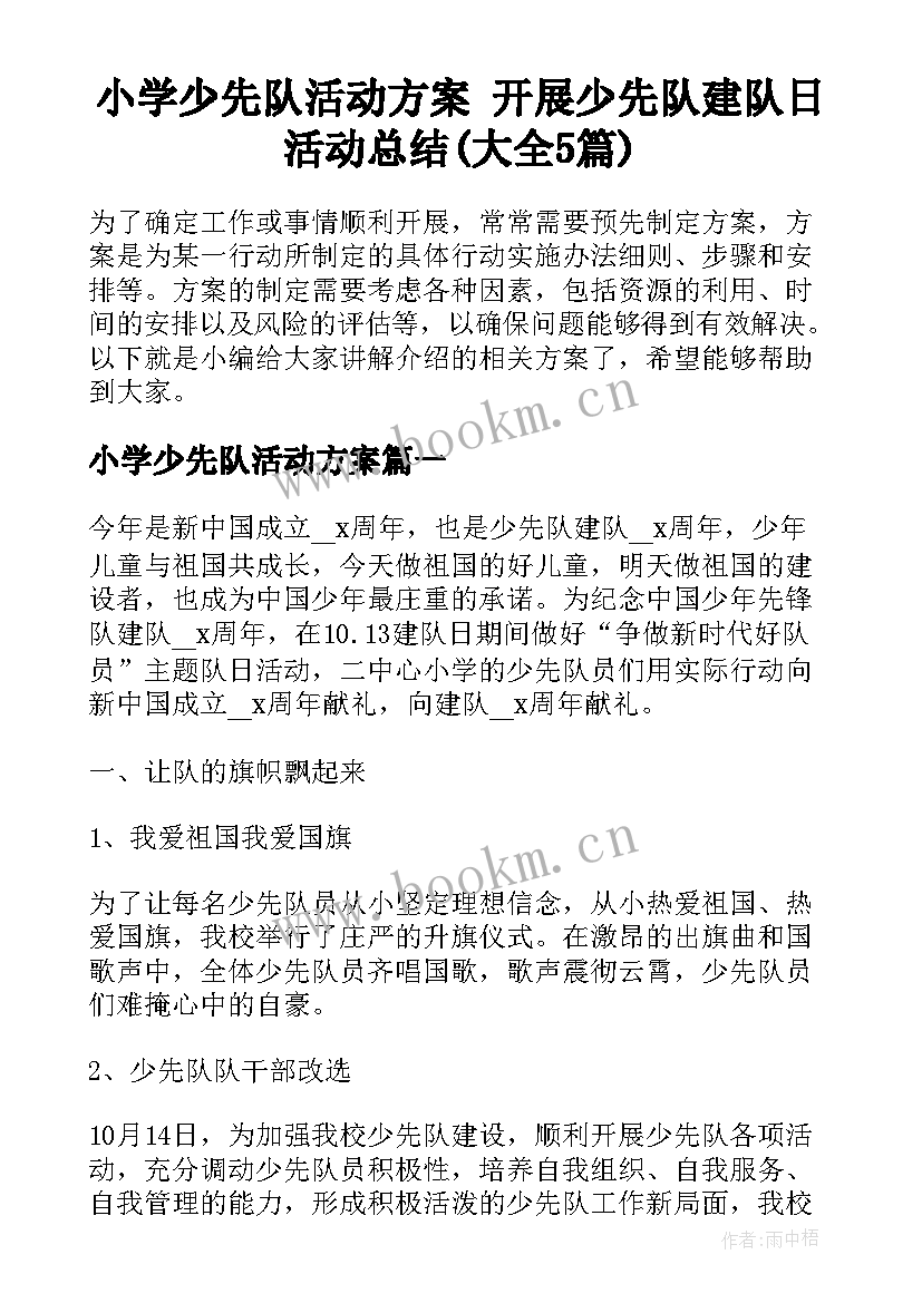 小学少先队活动方案 开展少先队建队日活动总结(大全5篇)