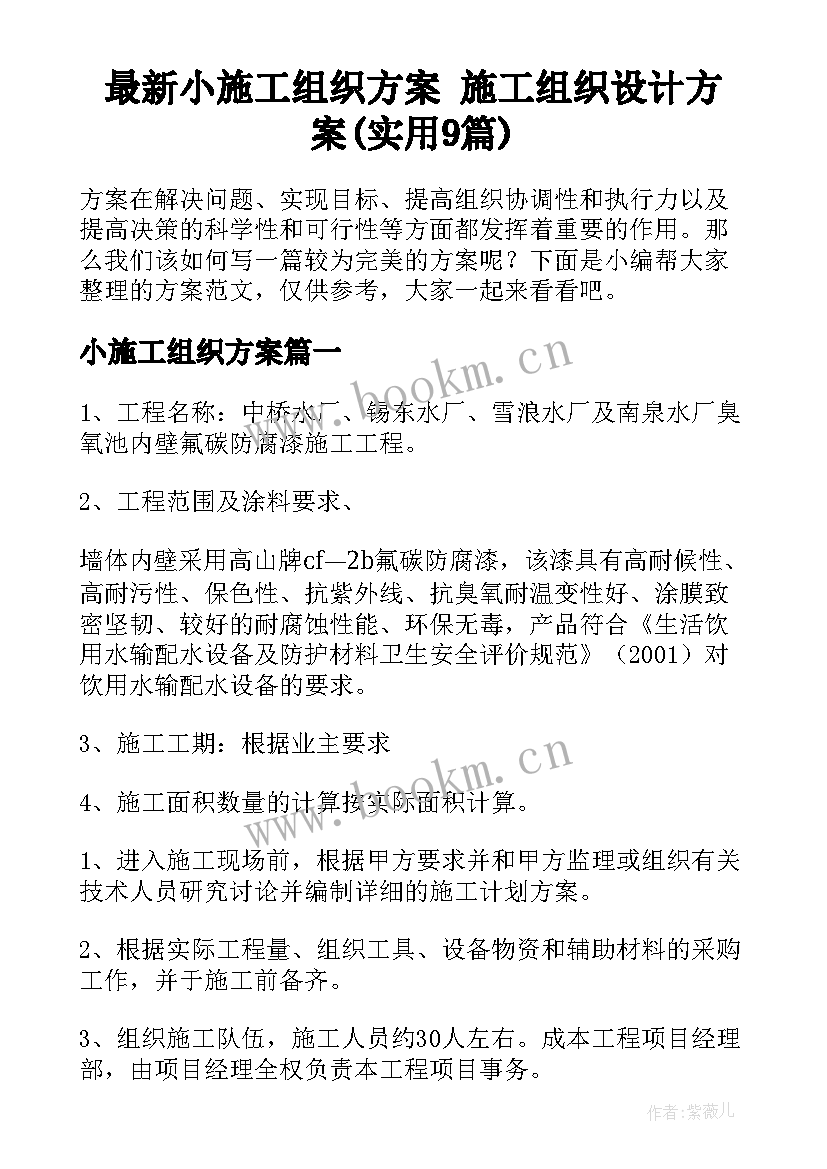 最新小施工组织方案 施工组织设计方案(实用9篇)