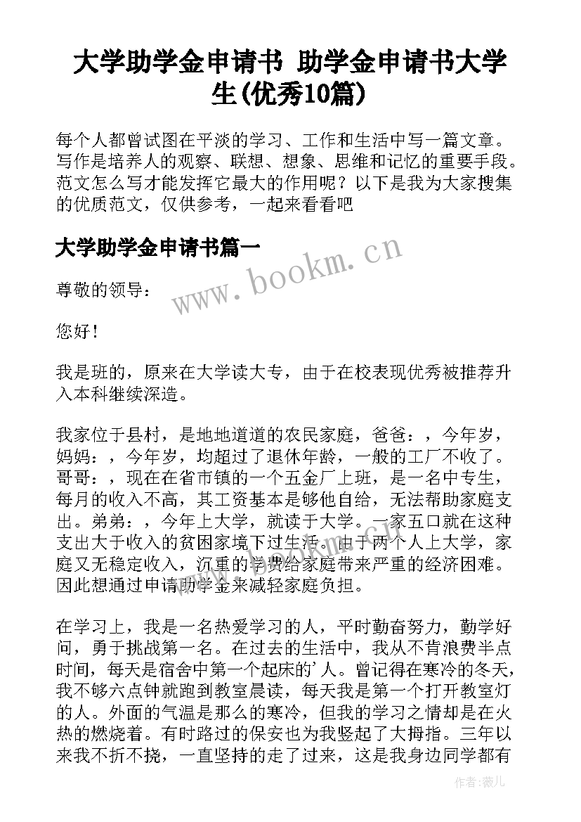 大学助学金申请书 助学金申请书大学生(优秀10篇)