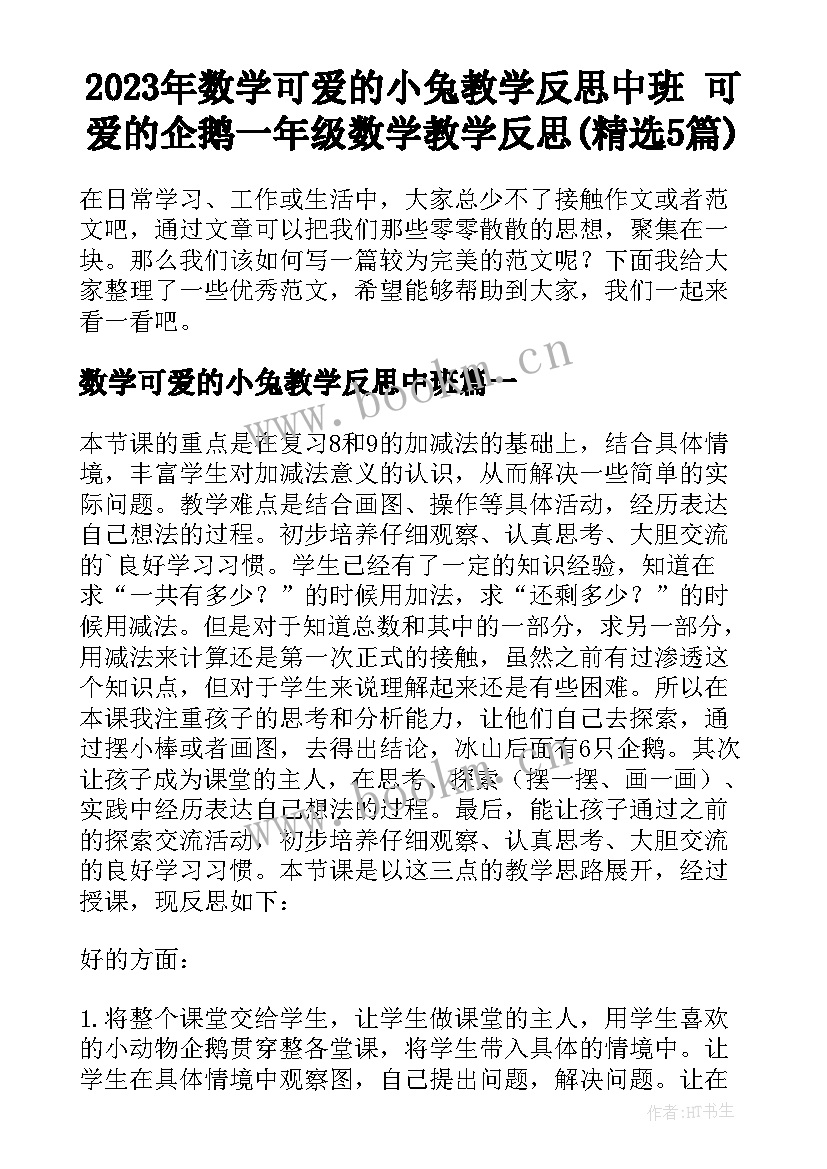 2023年数学可爱的小兔教学反思中班 可爱的企鹅一年级数学教学反思(精选5篇)