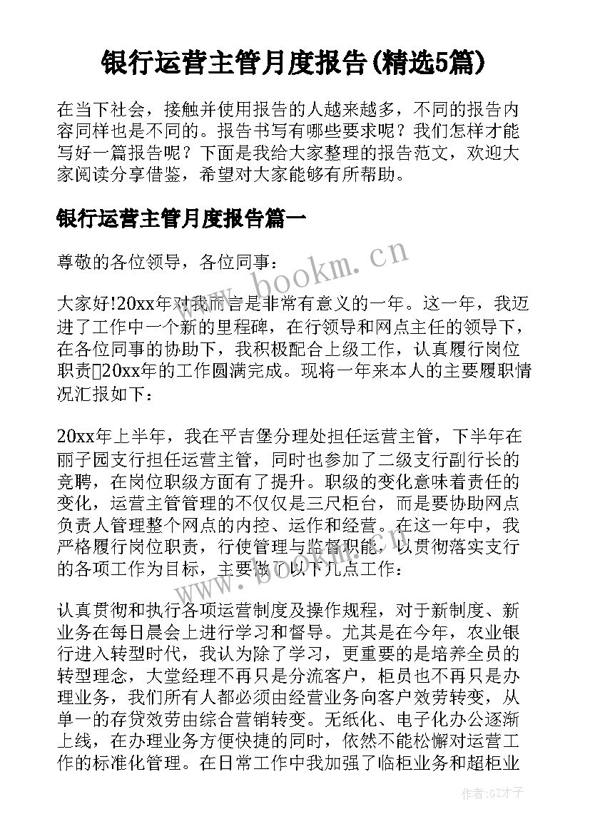 银行运营主管月度报告(精选5篇)