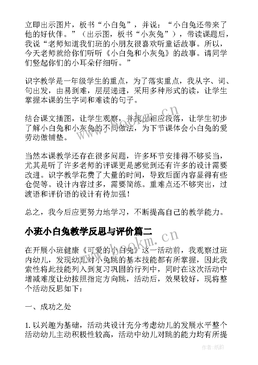 2023年小班小白兔教学反思与评价 小白兔和小灰兔教学反思(通用8篇)