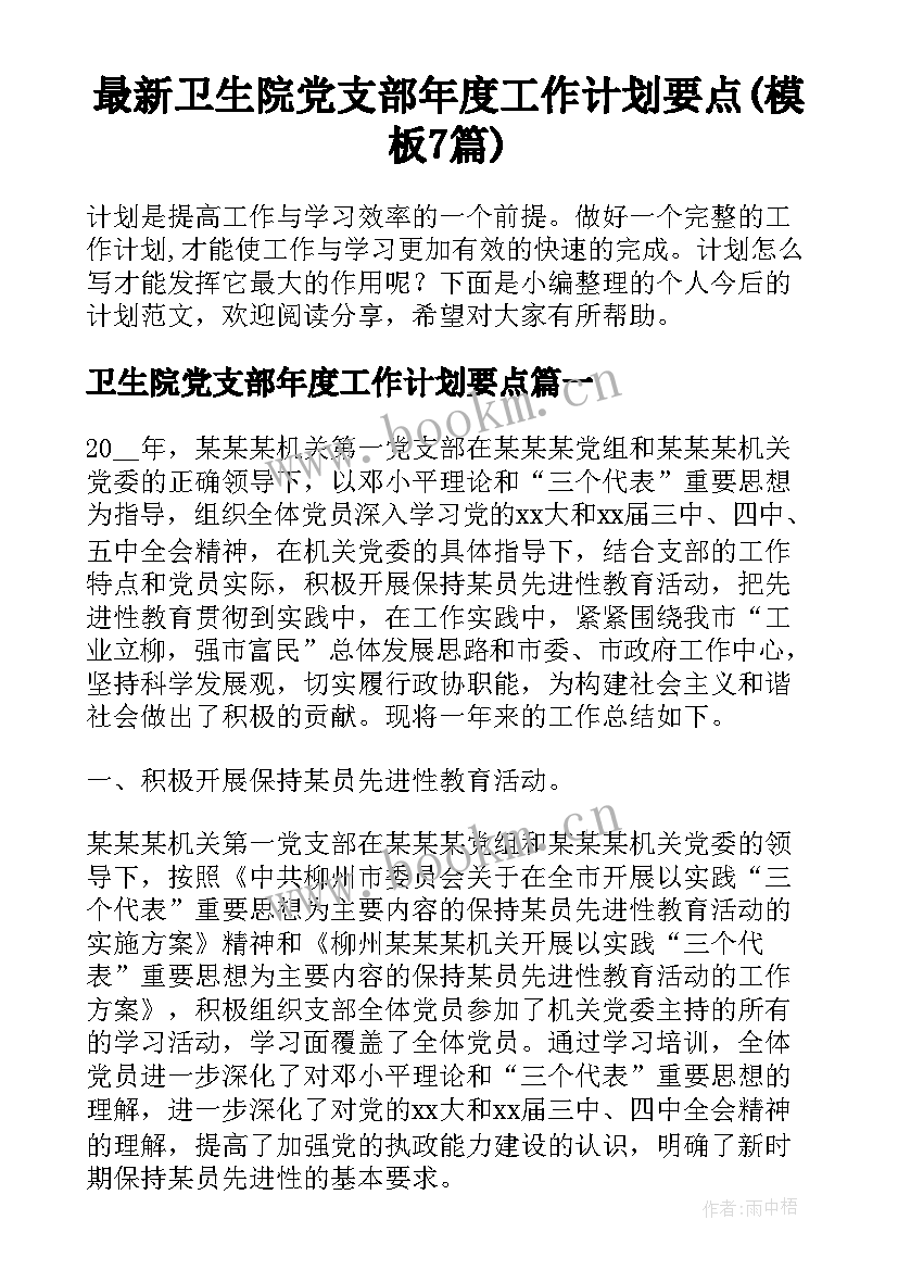 最新卫生院党支部年度工作计划要点(模板7篇)