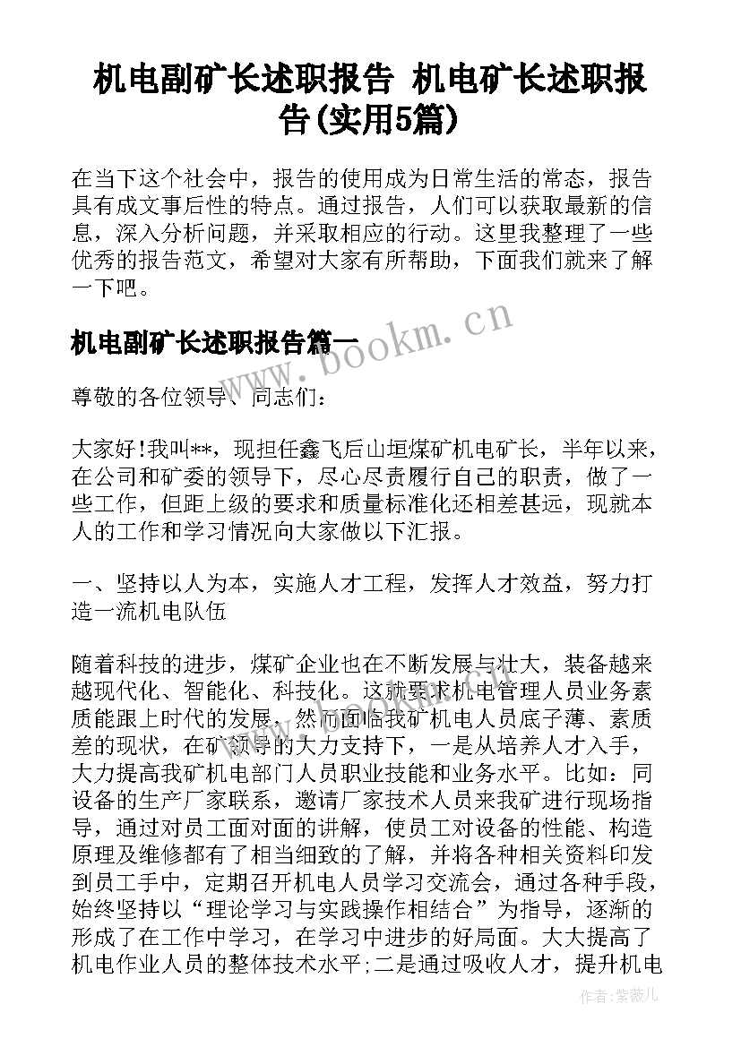 机电副矿长述职报告 机电矿长述职报告(实用5篇)