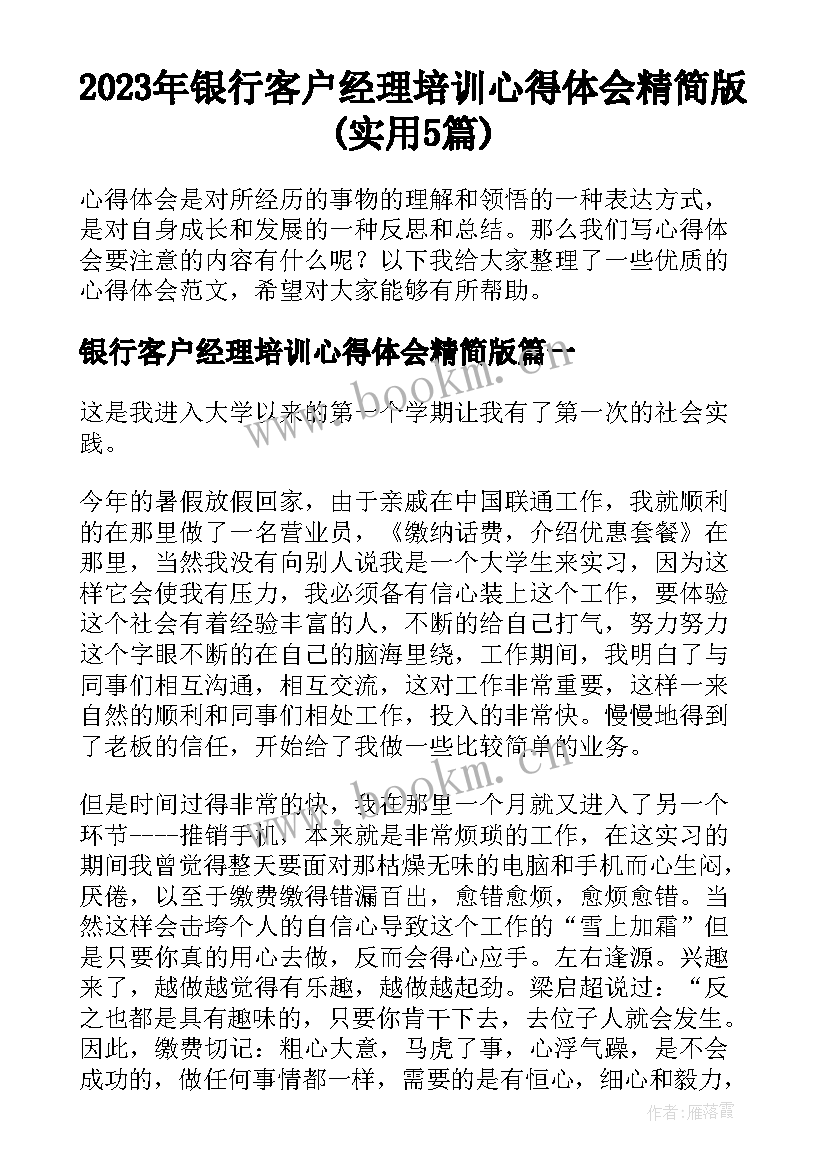 2023年银行客户经理培训心得体会精简版(实用5篇)