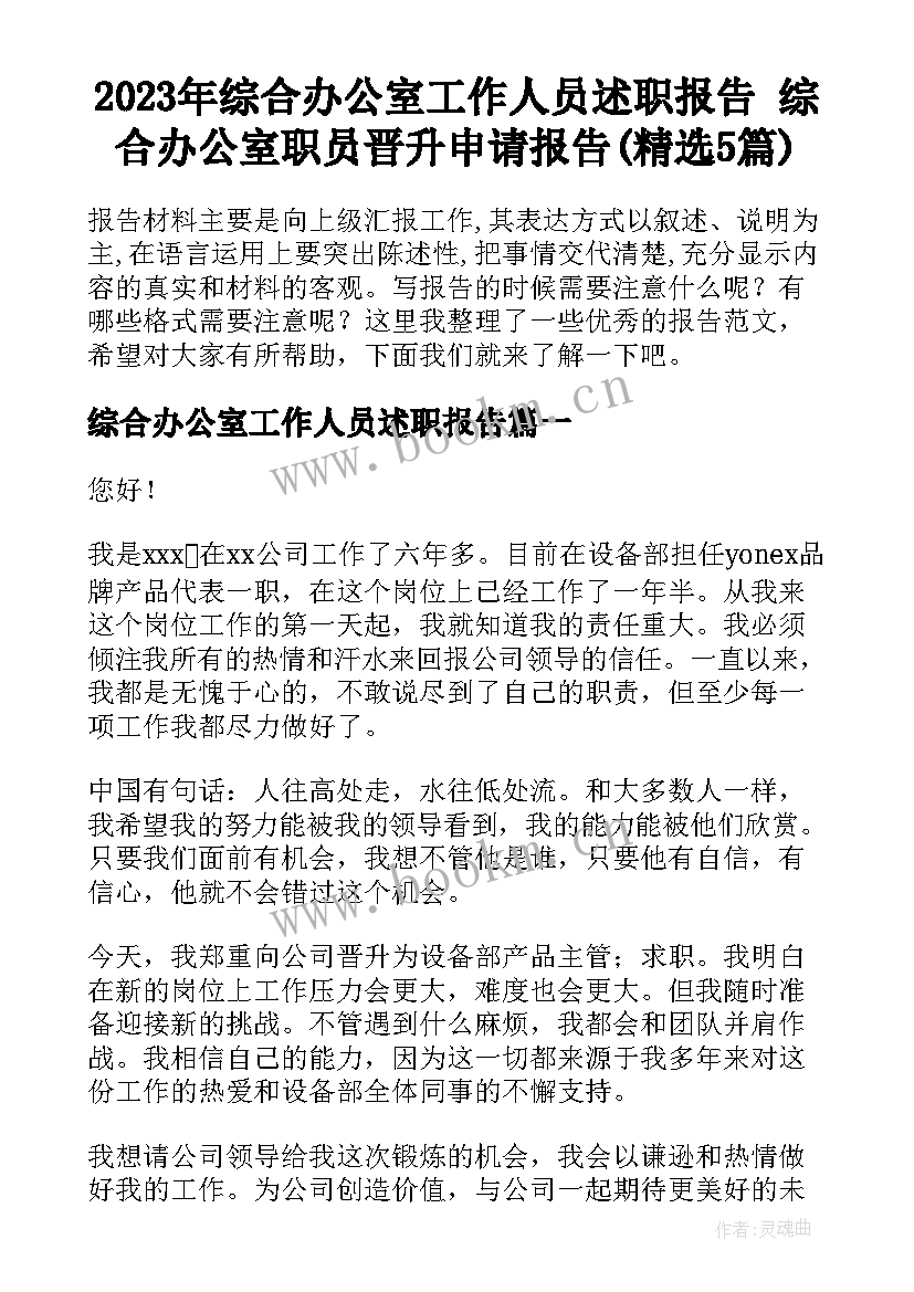 2023年综合办公室工作人员述职报告 综合办公室职员晋升申请报告(精选5篇)