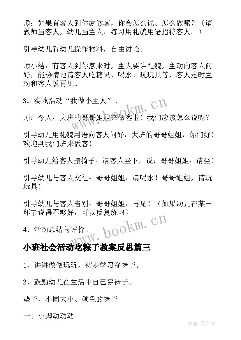 2023年小班社会活动吃粽子教案反思(汇总10篇)