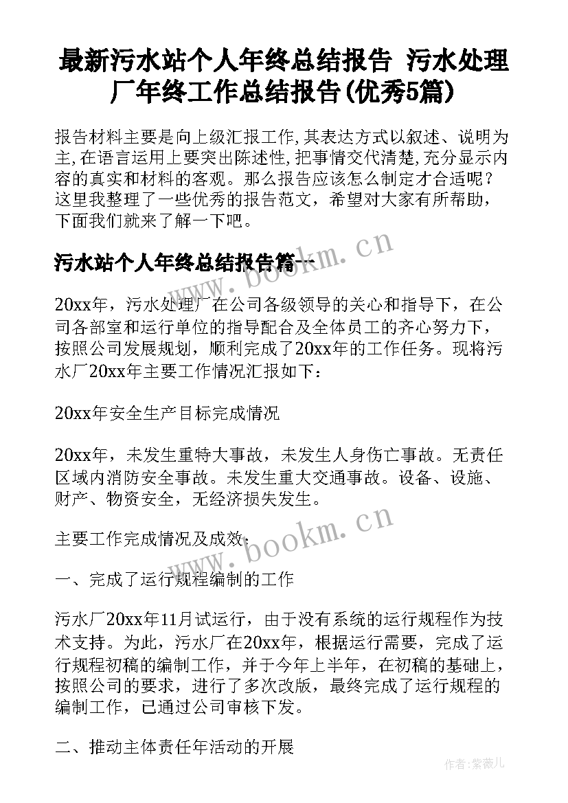 最新污水站个人年终总结报告 污水处理厂年终工作总结报告(优秀5篇)