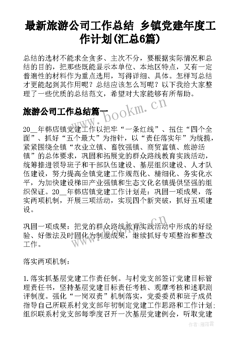 最新旅游公司工作总结 乡镇党建年度工作计划(汇总6篇)