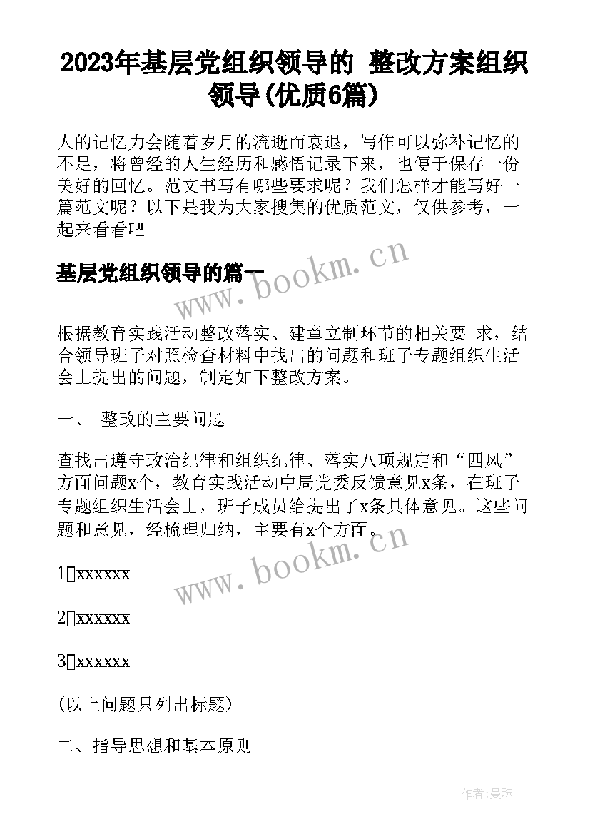 2023年基层党组织领导的 整改方案组织领导(优质6篇)