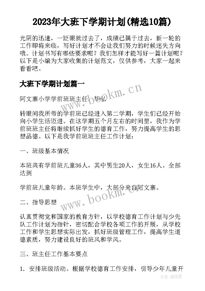 2023年大班下学期计划(精选10篇)