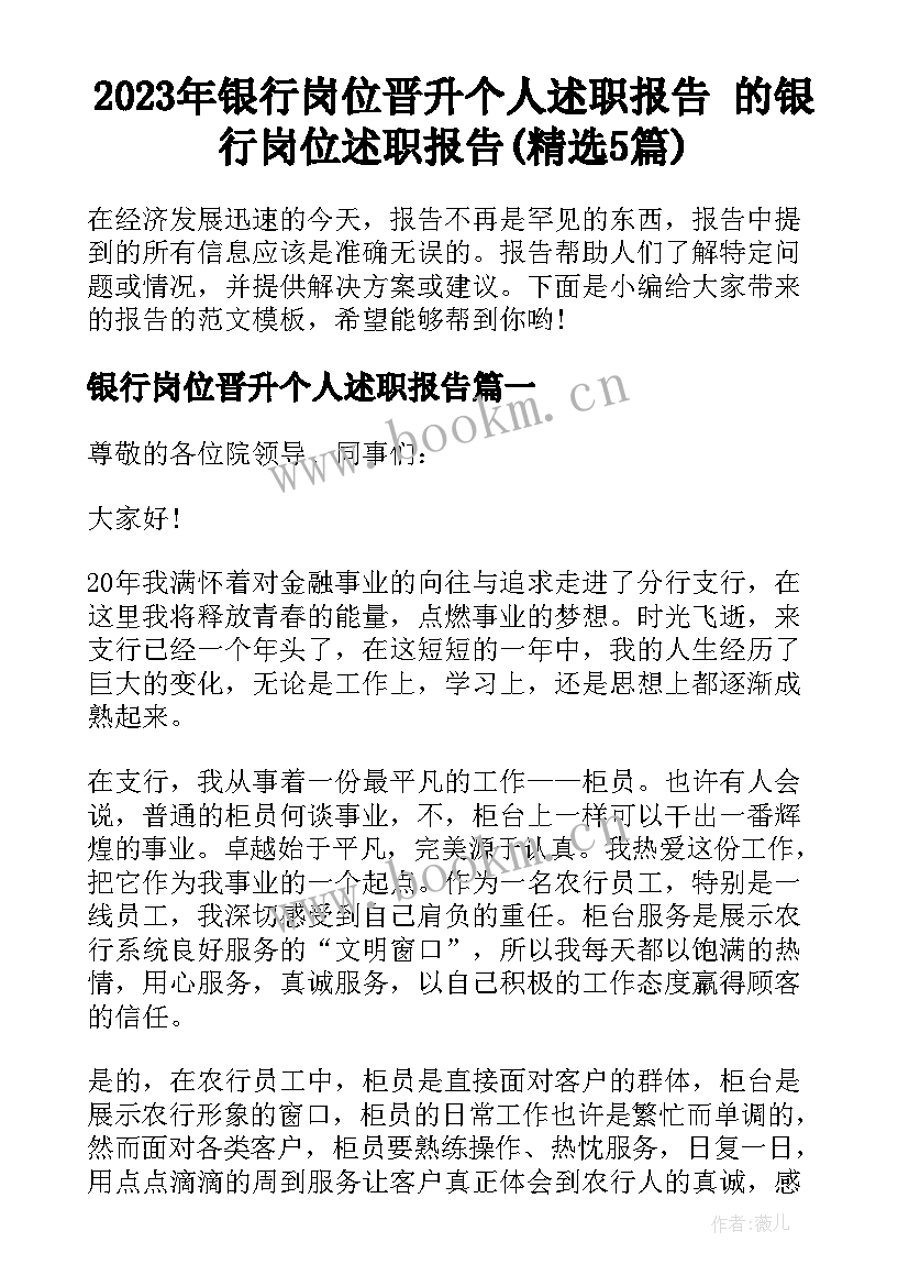 2023年银行岗位晋升个人述职报告 的银行岗位述职报告(精选5篇)