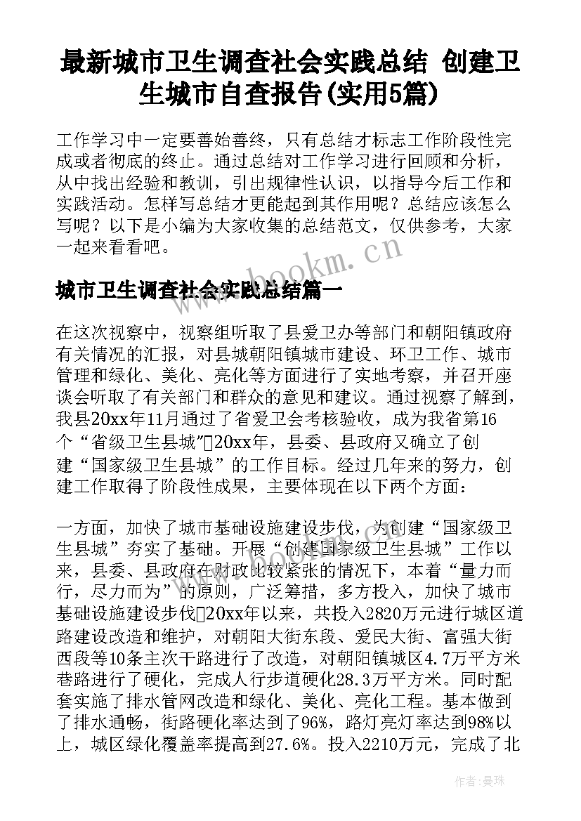 最新城市卫生调查社会实践总结 创建卫生城市自查报告(实用5篇)