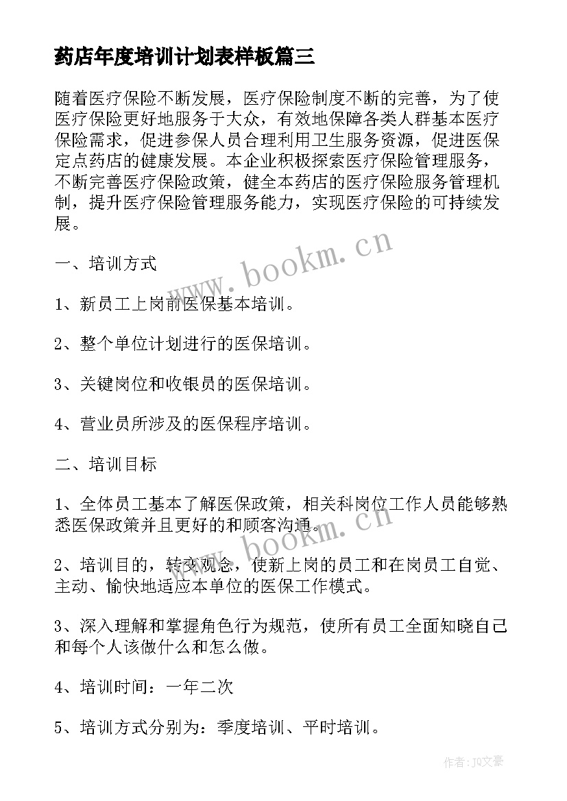 药店年度培训计划表样板 药店年度培训计划书(实用5篇)