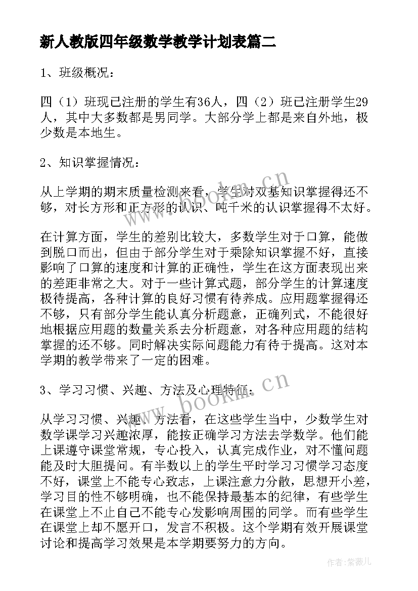 最新新人教版四年级数学教学计划表 人教版四年级数学教学计划(模板9篇)