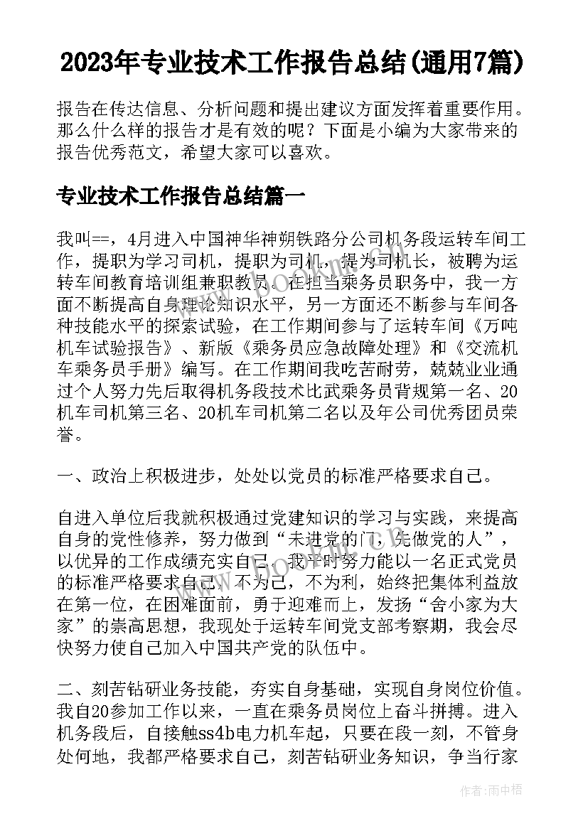 2023年专业技术工作报告总结(通用7篇)