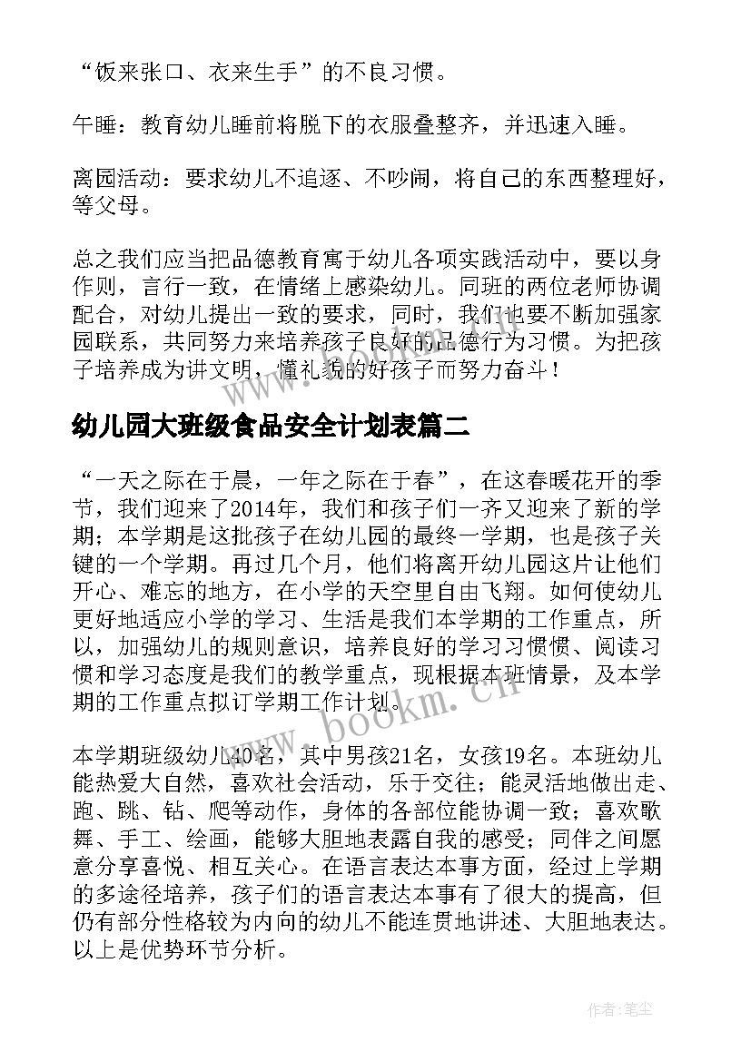 最新幼儿园大班级食品安全计划表(优质6篇)