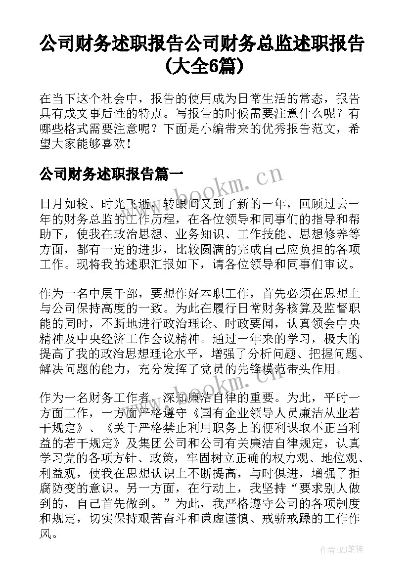 公司财务述职报告 公司财务总监述职报告(大全6篇)