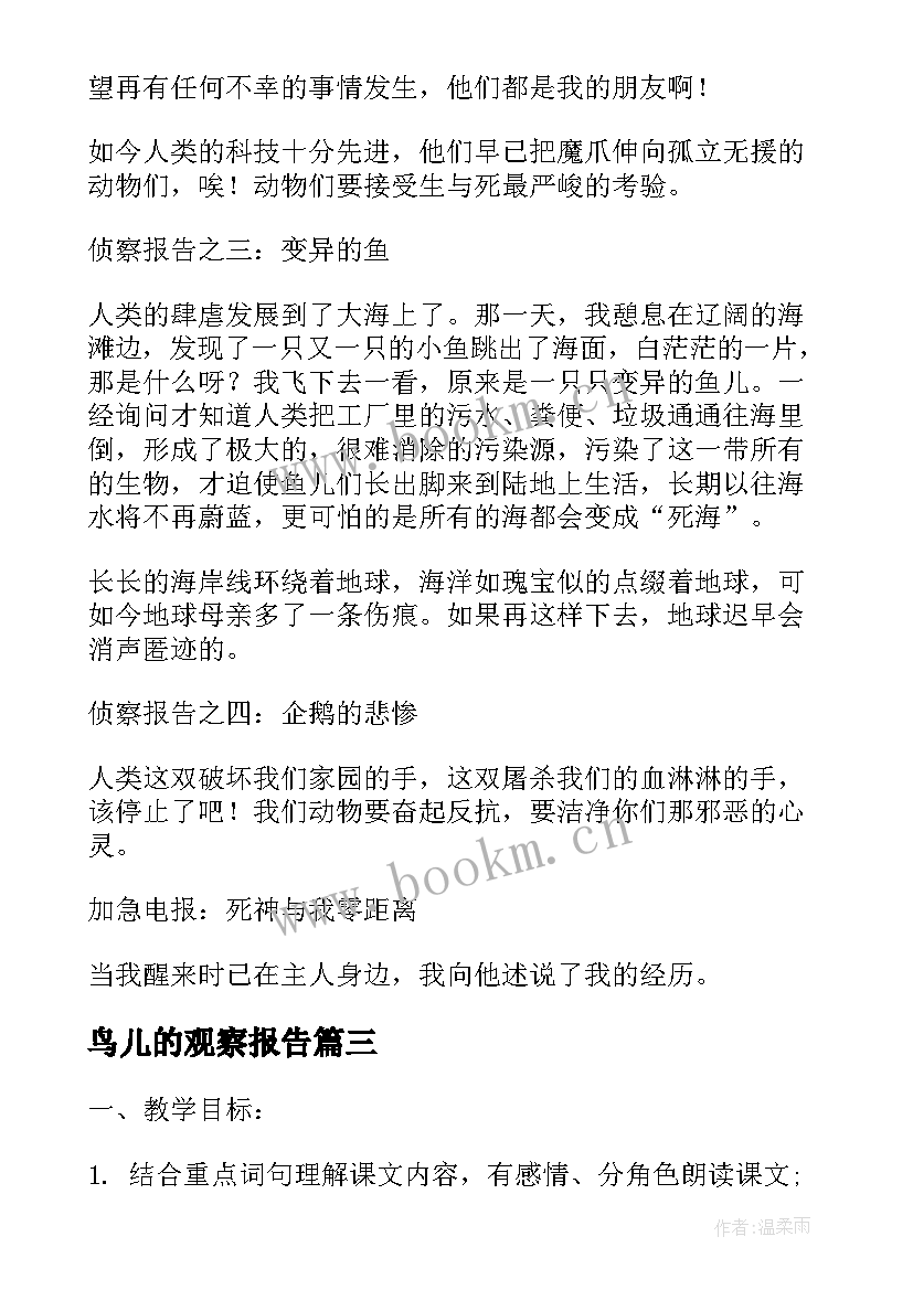 2023年鸟儿的观察报告 鸟儿的侦察报告教学设计(精选6篇)