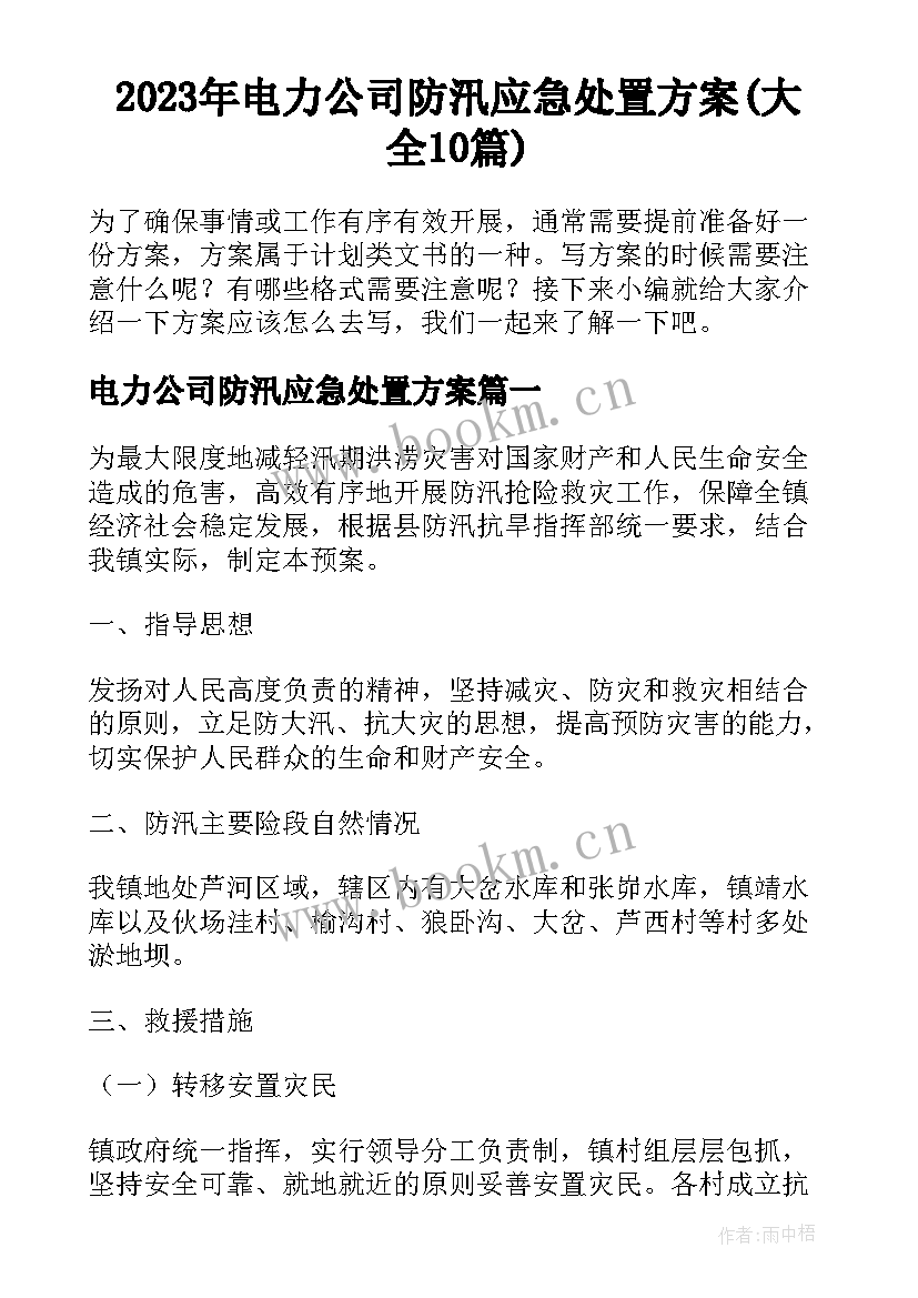 2023年电力公司防汛应急处置方案(大全10篇)