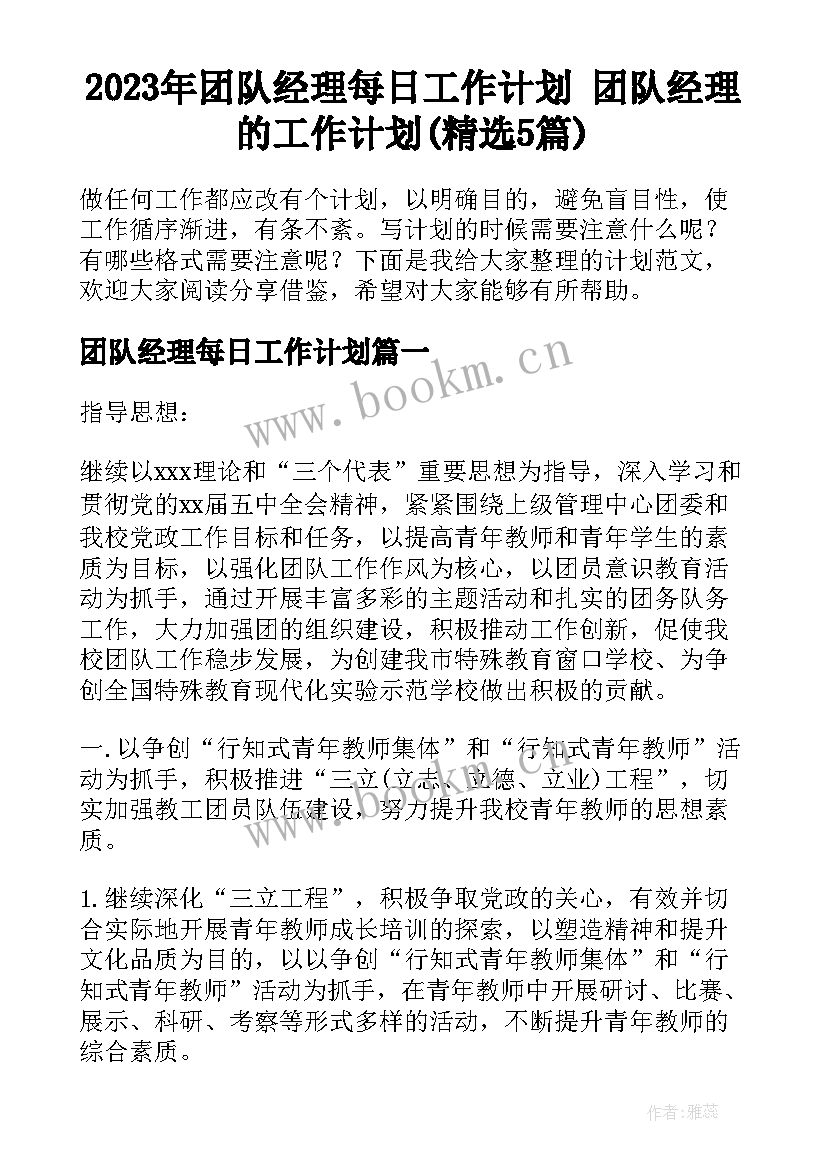 2023年团队经理每日工作计划 团队经理的工作计划(精选5篇)