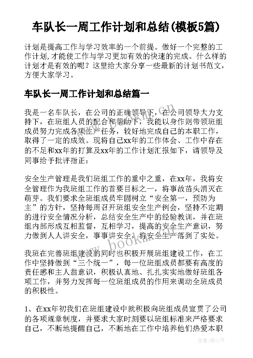 车队长一周工作计划和总结(模板5篇)