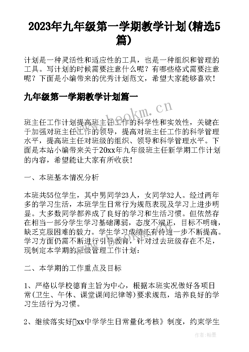 2023年九年级第一学期教学计划(精选5篇)