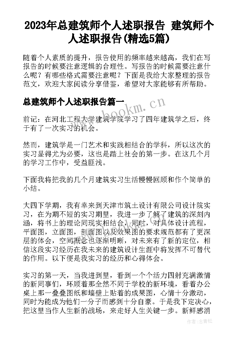 2023年总建筑师个人述职报告 建筑师个人述职报告(精选5篇)