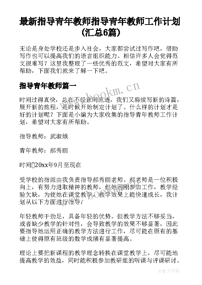 最新指导青年教师 指导青年教师工作计划(汇总6篇)