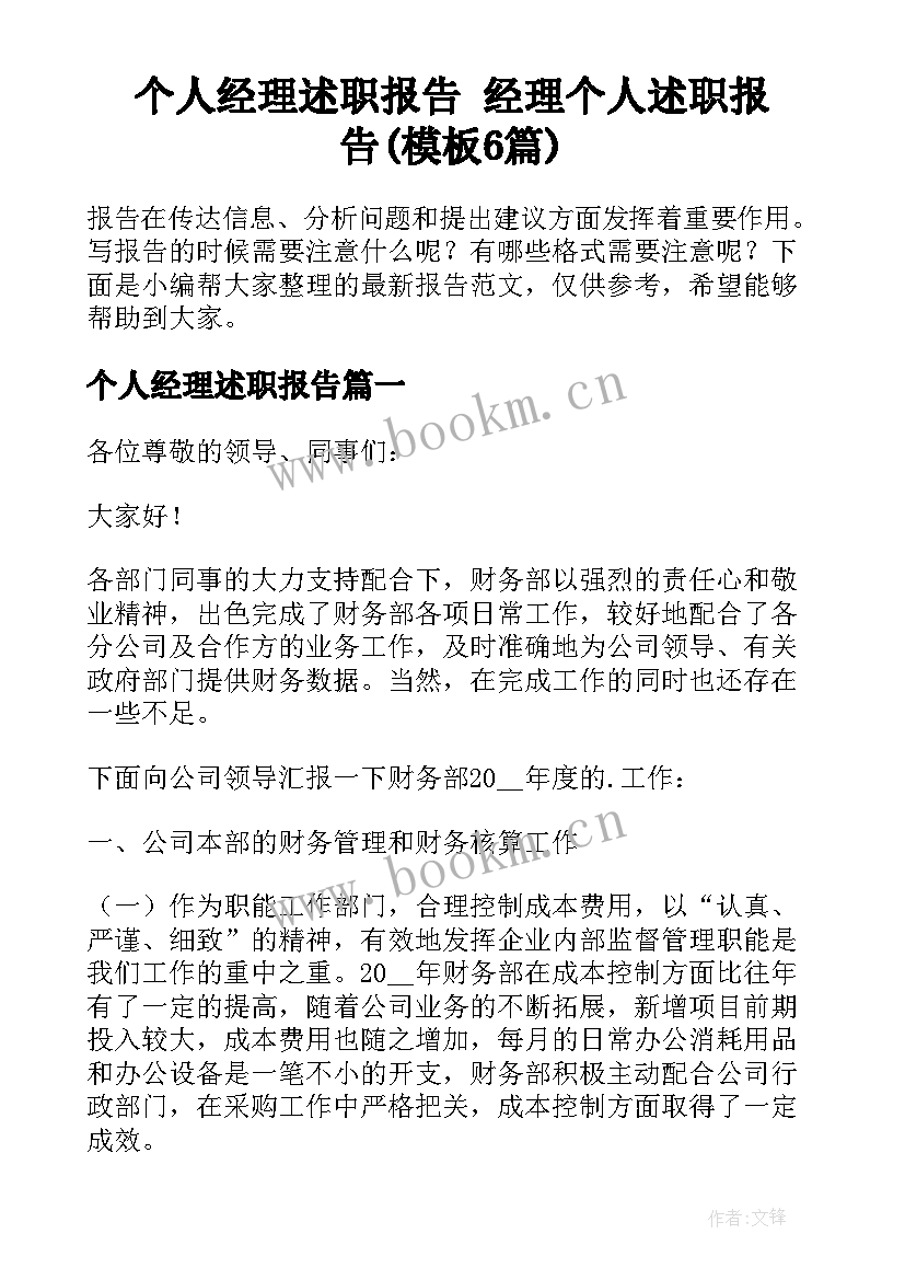 个人经理述职报告 经理个人述职报告(模板6篇)