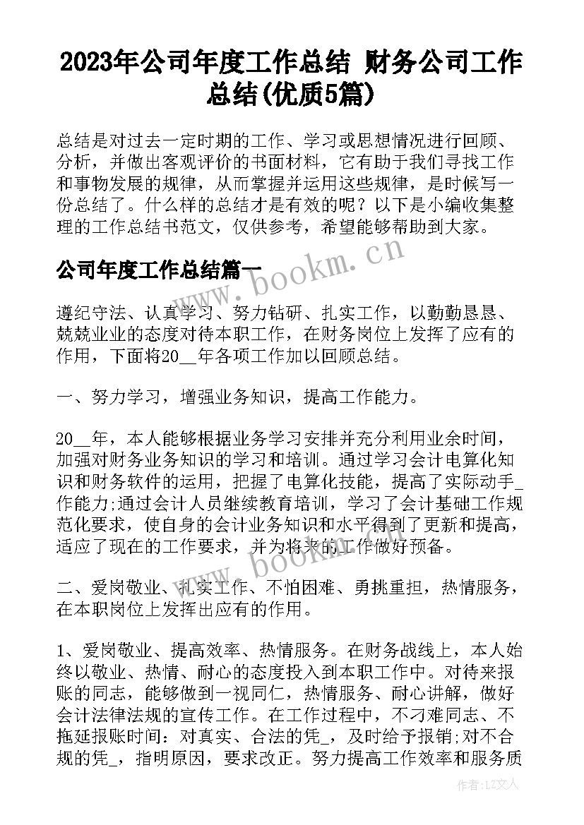 2023年公司年度工作总结 财务公司工作总结(优质5篇)