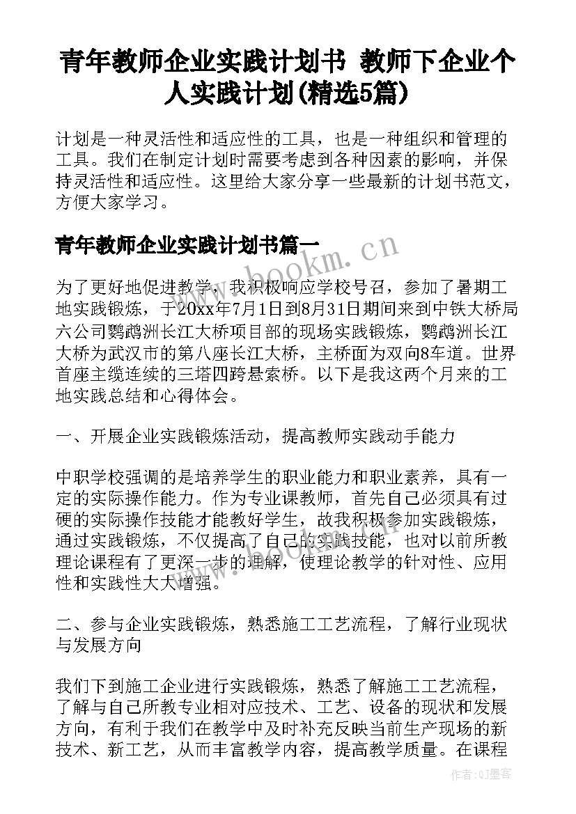 青年教师企业实践计划书 教师下企业个人实践计划(精选5篇)