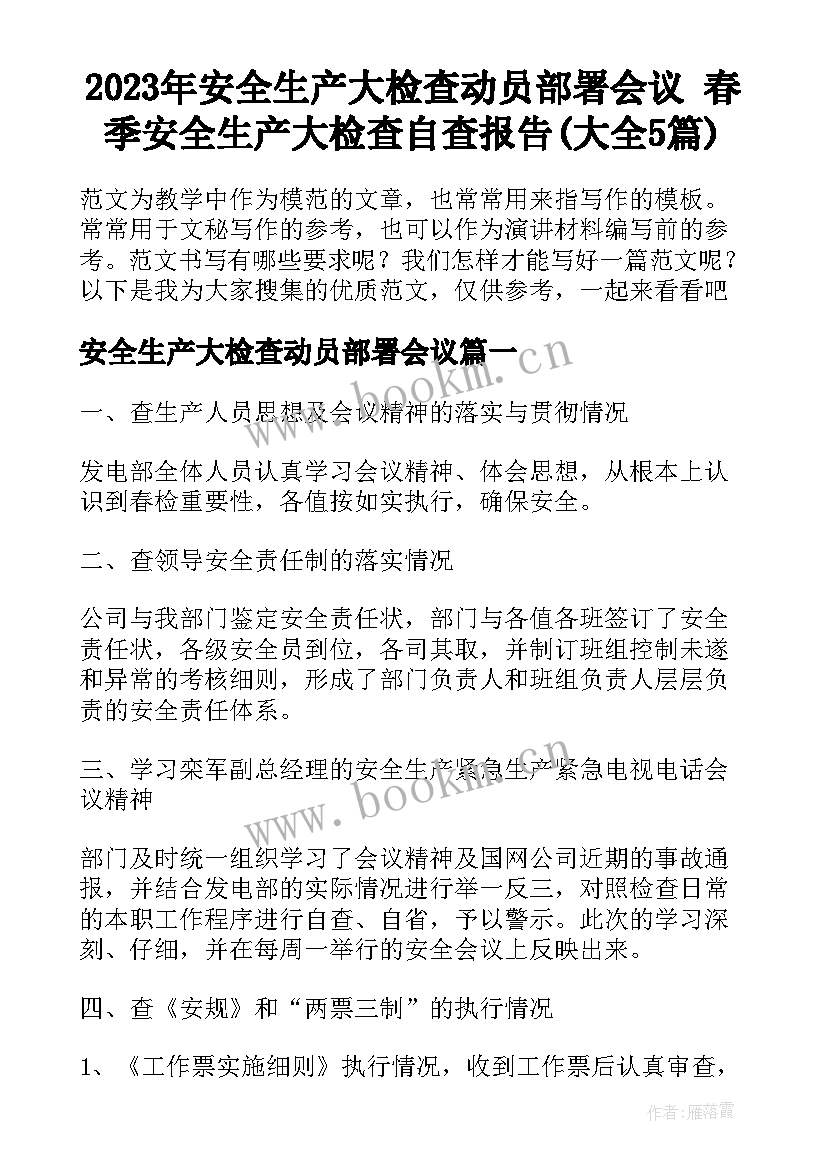 2023年安全生产大检查动员部署会议 春季安全生产大检查自查报告(大全5篇)