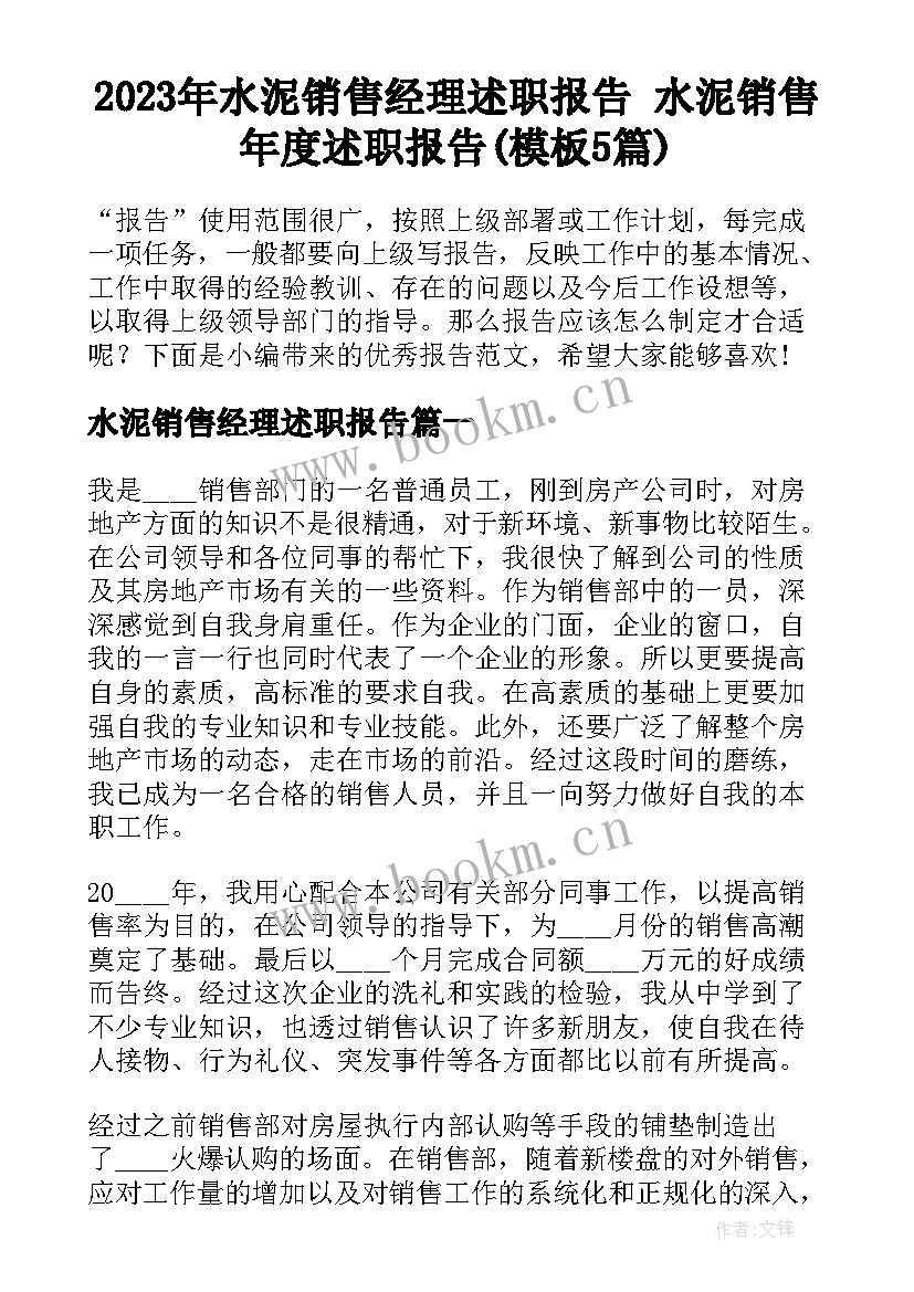 2023年水泥销售经理述职报告 水泥销售年度述职报告(模板5篇)