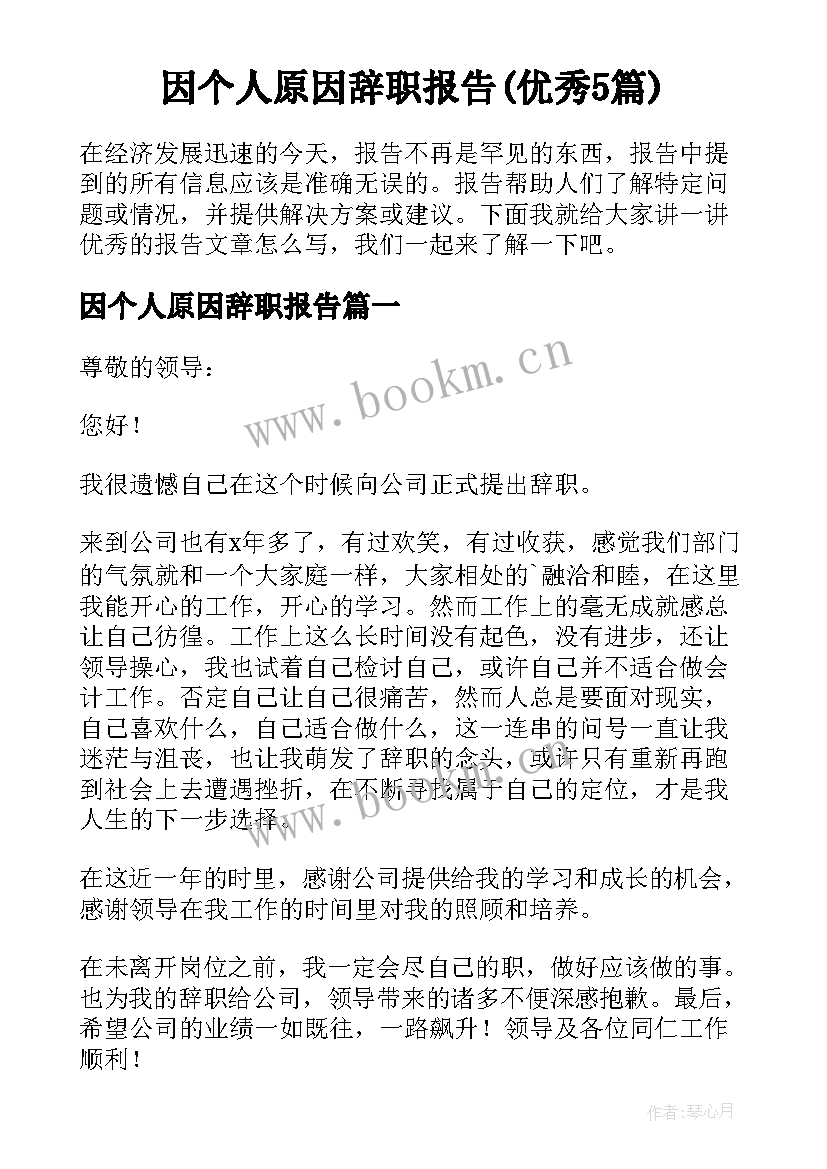 因个人原因辞职报告(优秀5篇)