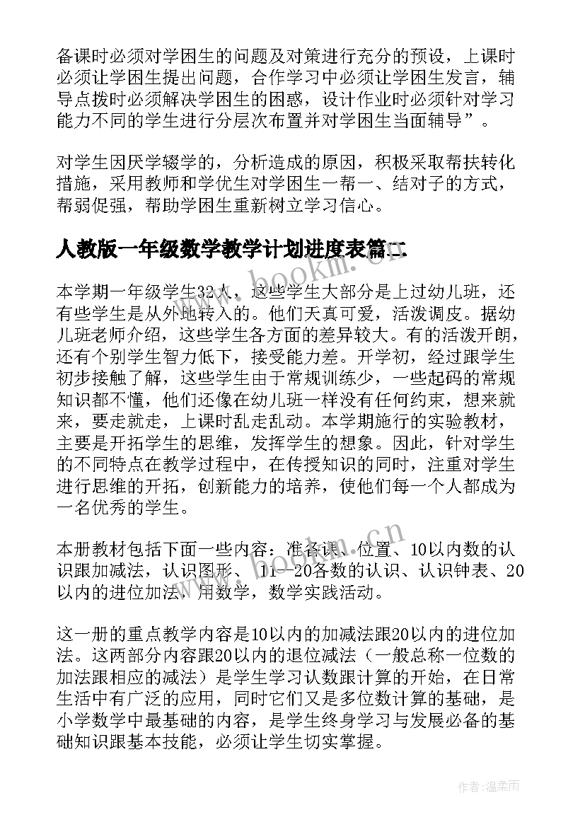 最新人教版一年级数学教学计划进度表(实用9篇)