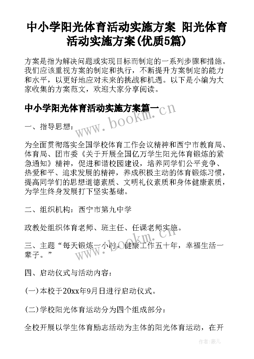 中小学阳光体育活动实施方案 阳光体育活动实施方案(优质5篇)