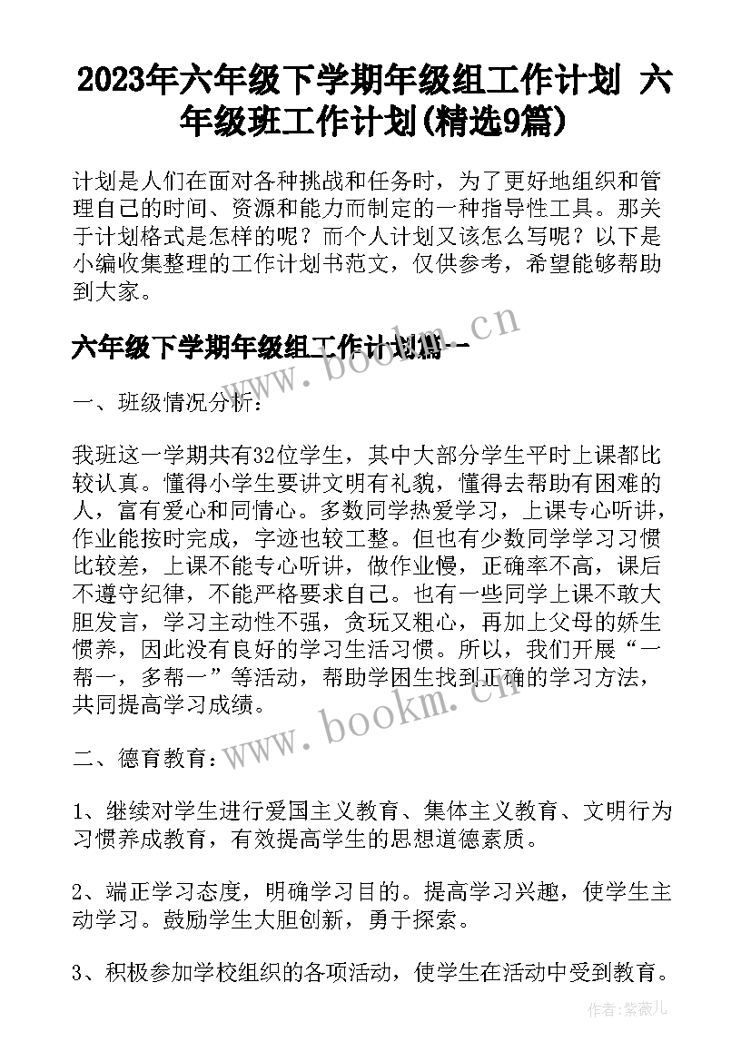 2023年六年级下学期年级组工作计划 六年级班工作计划(精选9篇)