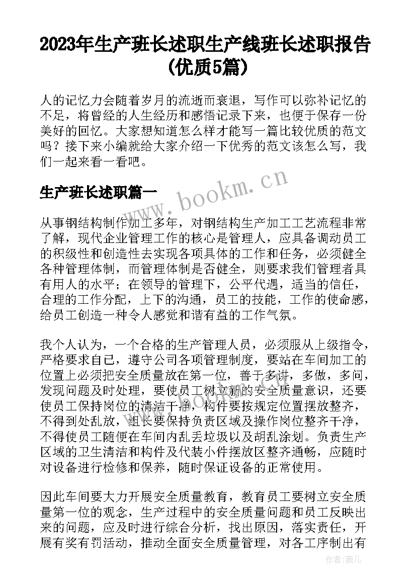 2023年生产班长述职 生产线班长述职报告(优质5篇)