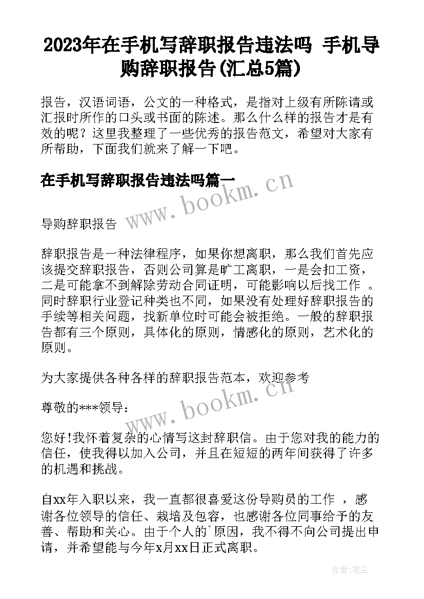 2023年在手机写辞职报告违法吗 手机导购辞职报告(汇总5篇)