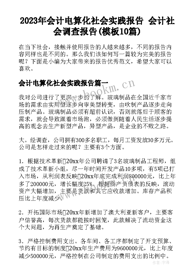 2023年会计电算化社会实践报告 会计社会调查报告(模板10篇)