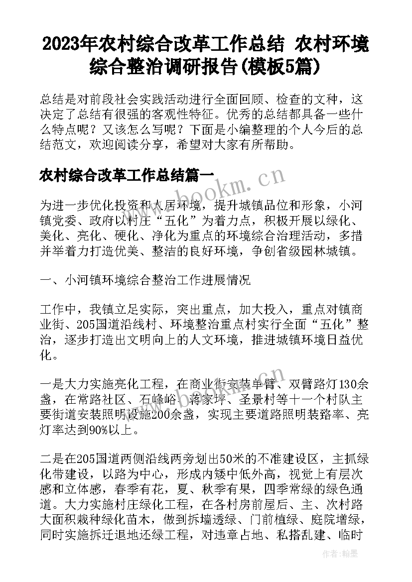 2023年农村综合改革工作总结 农村环境综合整治调研报告(模板5篇)