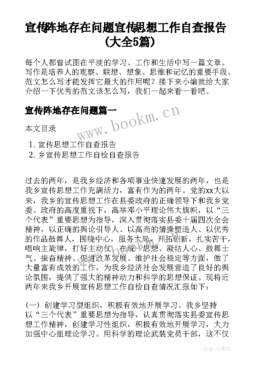 宣传阵地存在问题 宣传思想工作自查报告(大全5篇)