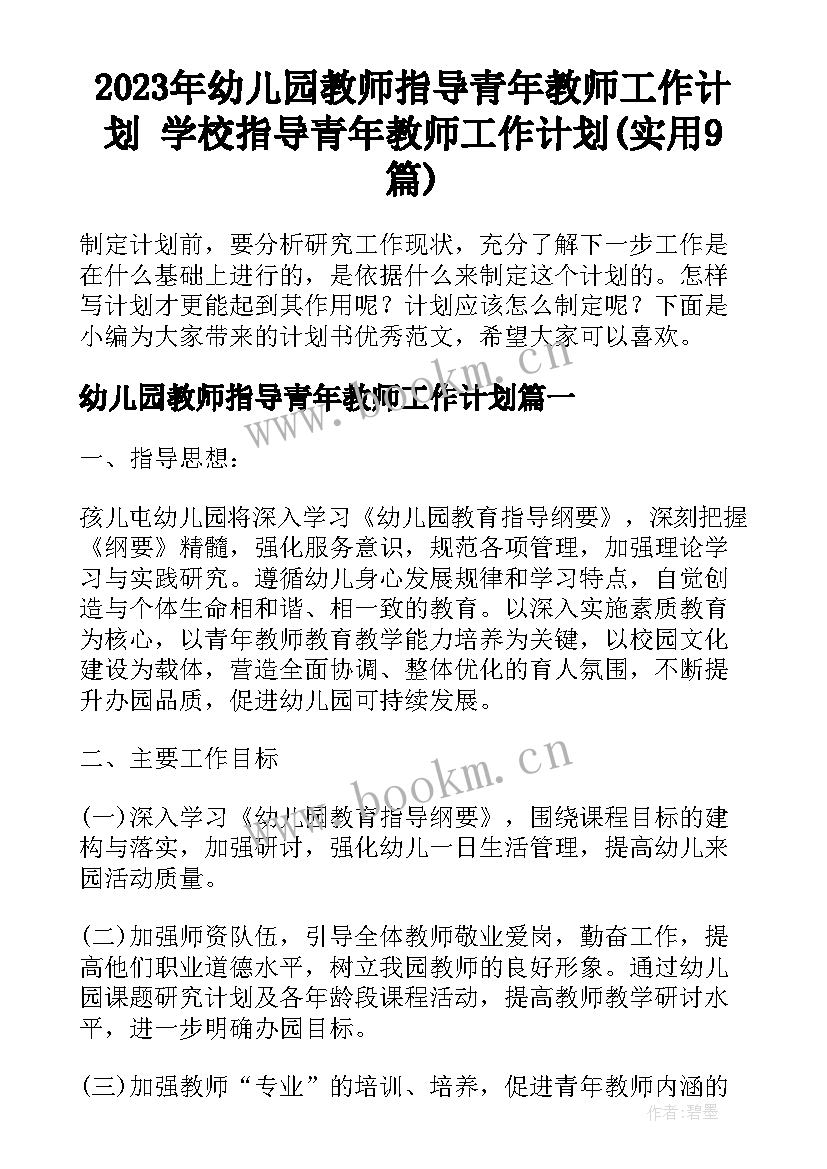 2023年幼儿园教师指导青年教师工作计划 学校指导青年教师工作计划(实用9篇)