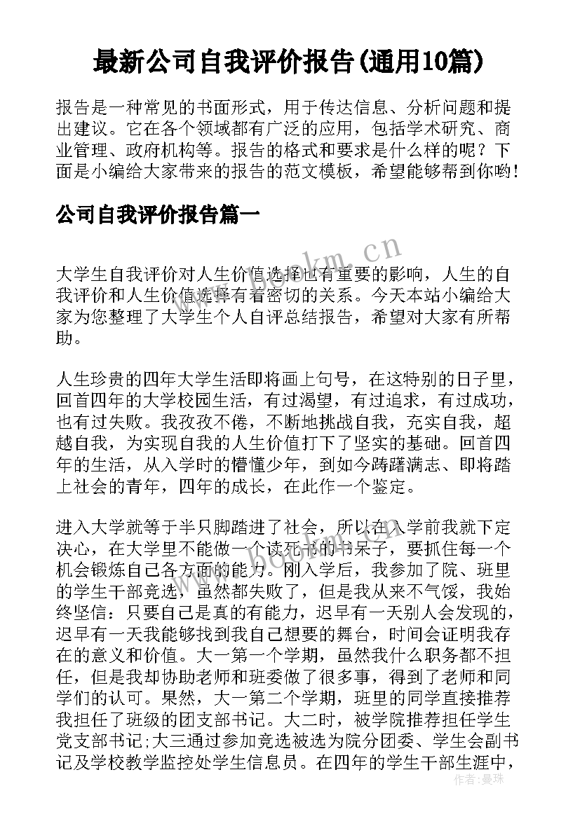 最新公司自我评价报告(通用10篇)