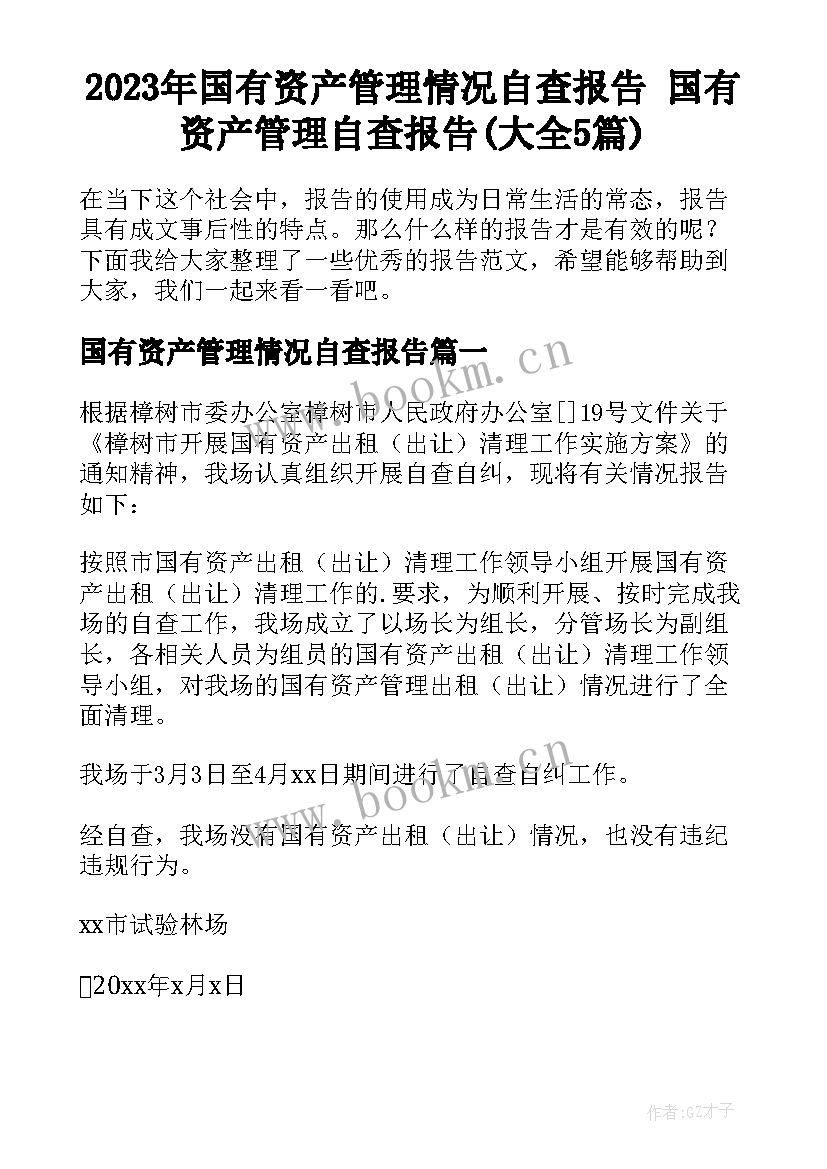 2023年国有资产管理情况自查报告 国有资产管理自查报告(大全5篇)