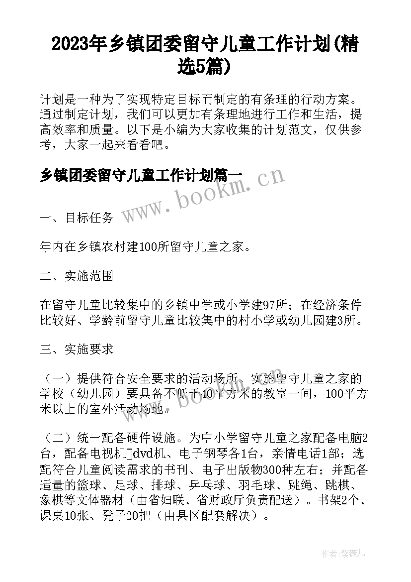 2023年乡镇团委留守儿童工作计划(精选5篇)