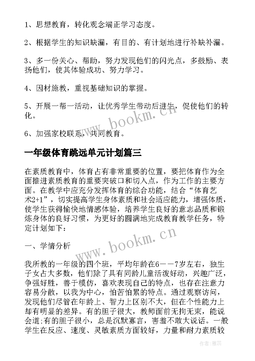 2023年一年级体育跳远单元计划 一年级体育单元的教学计划(实用5篇)