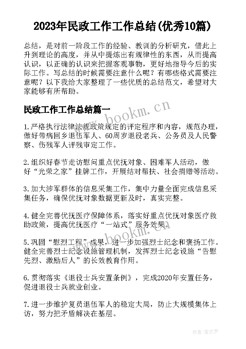 2023年民政工作工作总结(优秀10篇)