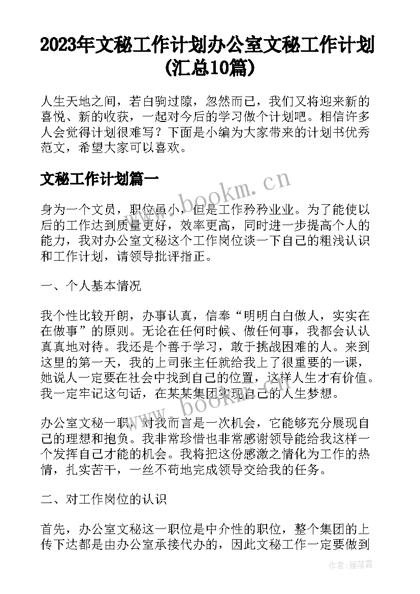 2023年文秘工作计划 办公室文秘工作计划(汇总10篇)